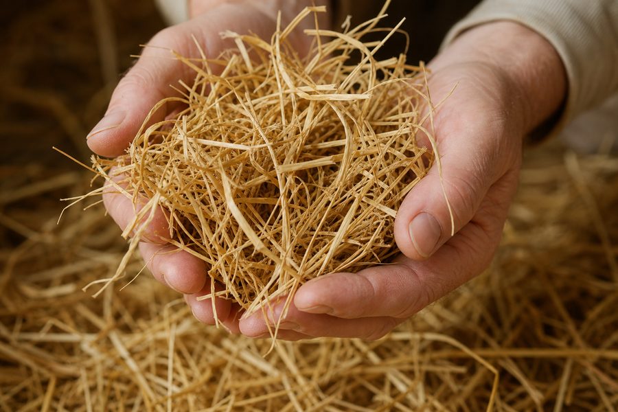 Paja natural ligera en mano, textura fina para belenes